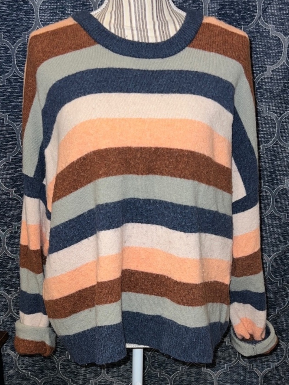 Madewell Cozy Striped Crewneck Sweater in Blue, Peach, Brown